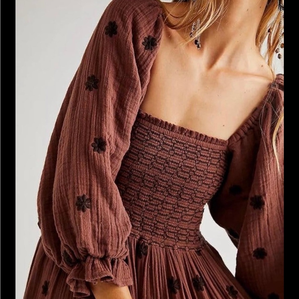 Free People // gauze midi dress in Lucious cocoa brown w/dark brown embroidery